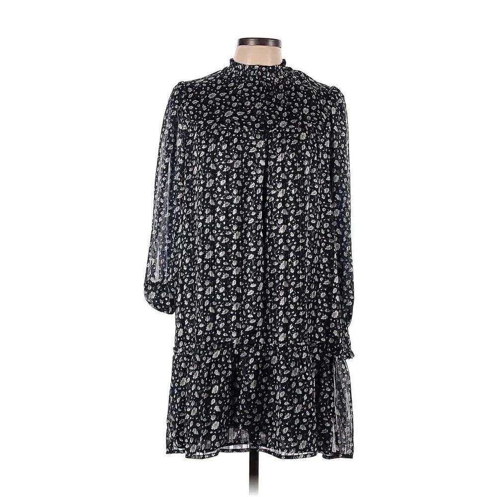 Greylin Womens Mockneck Mini Dress L Floral Pleated Modest Fairy Goth Sheer Slee